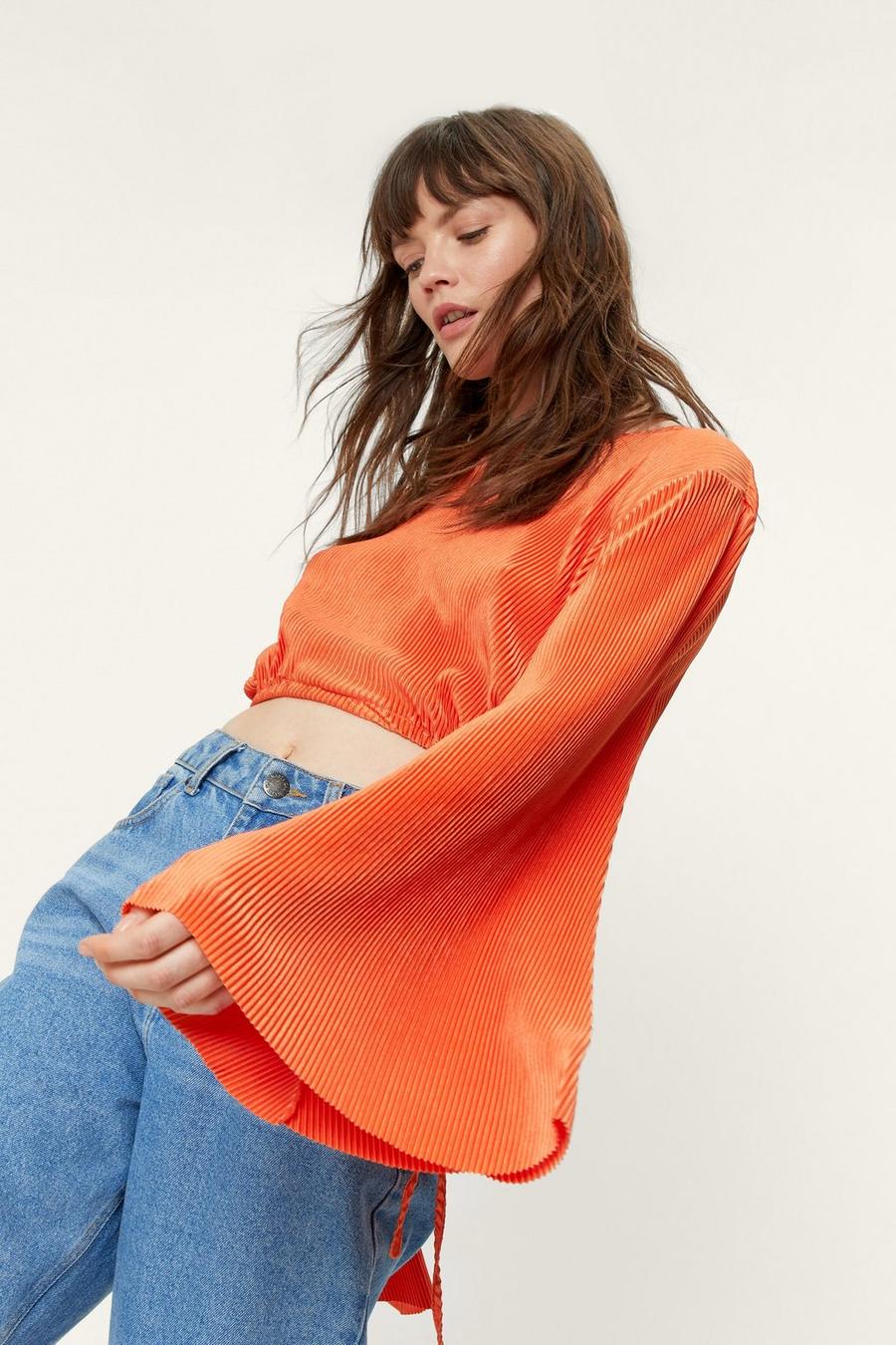 Tie Side Plisse Bell Sleeve Cropped Blouse