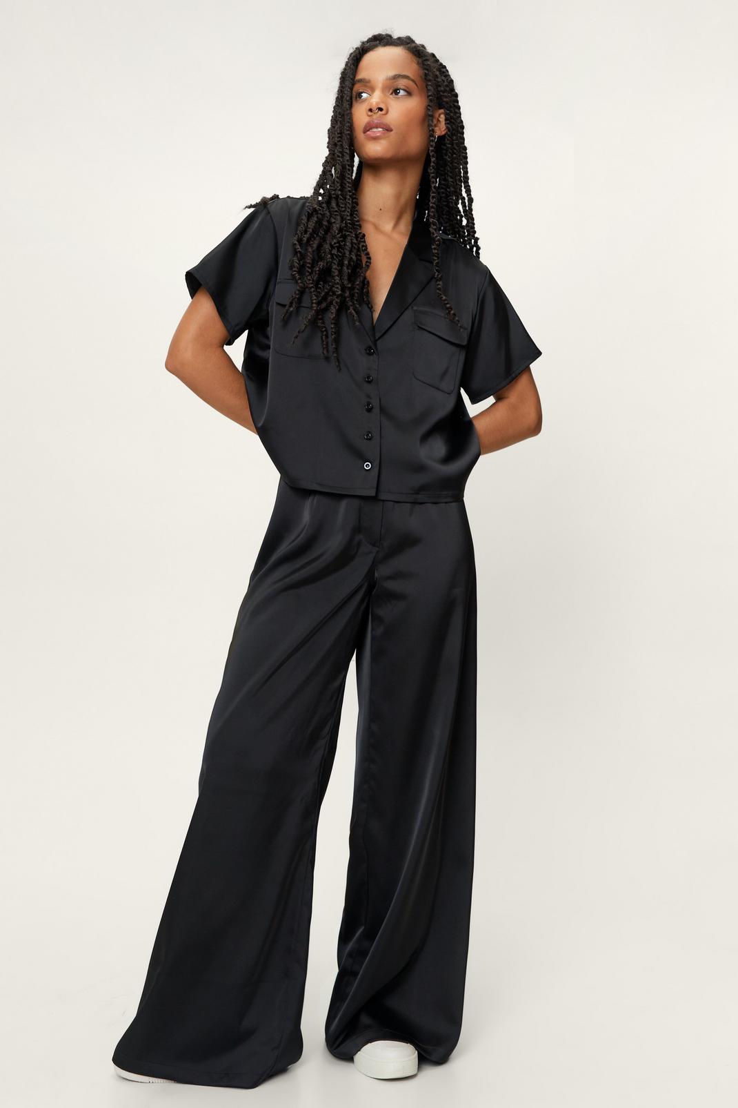 Petite Satin Wide Leg High Waisted Trousers image number 1