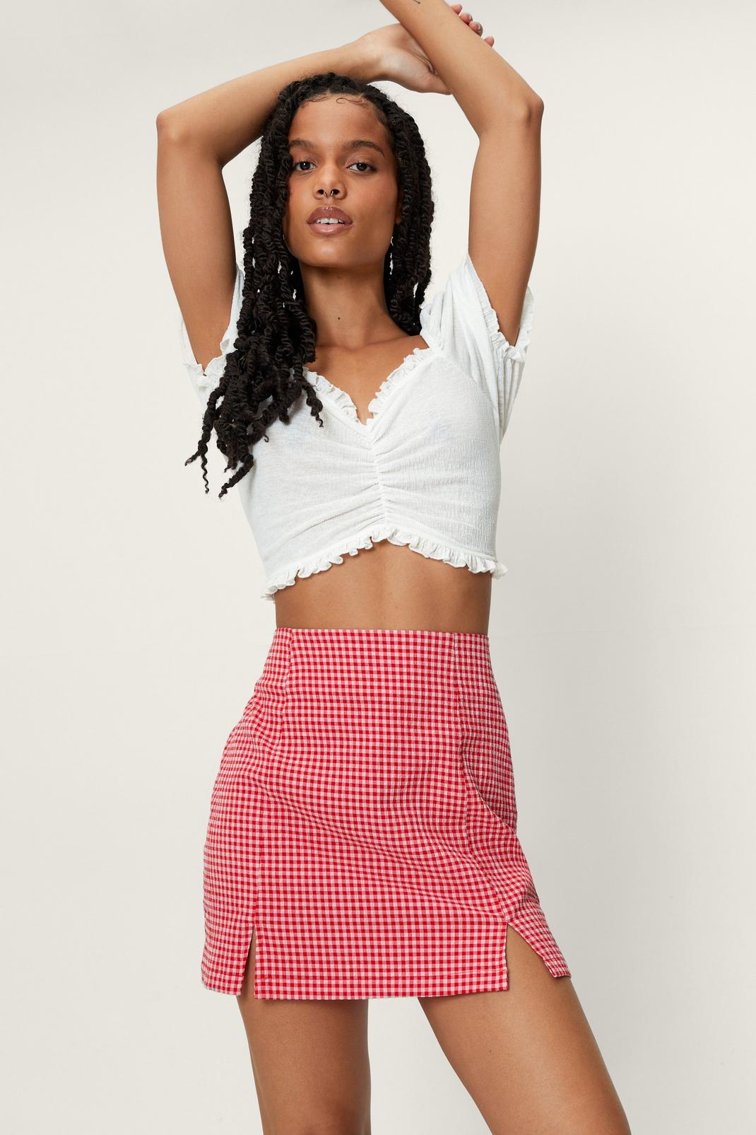 Red Petite Gingham Print Mini A Line Skirt image number 1