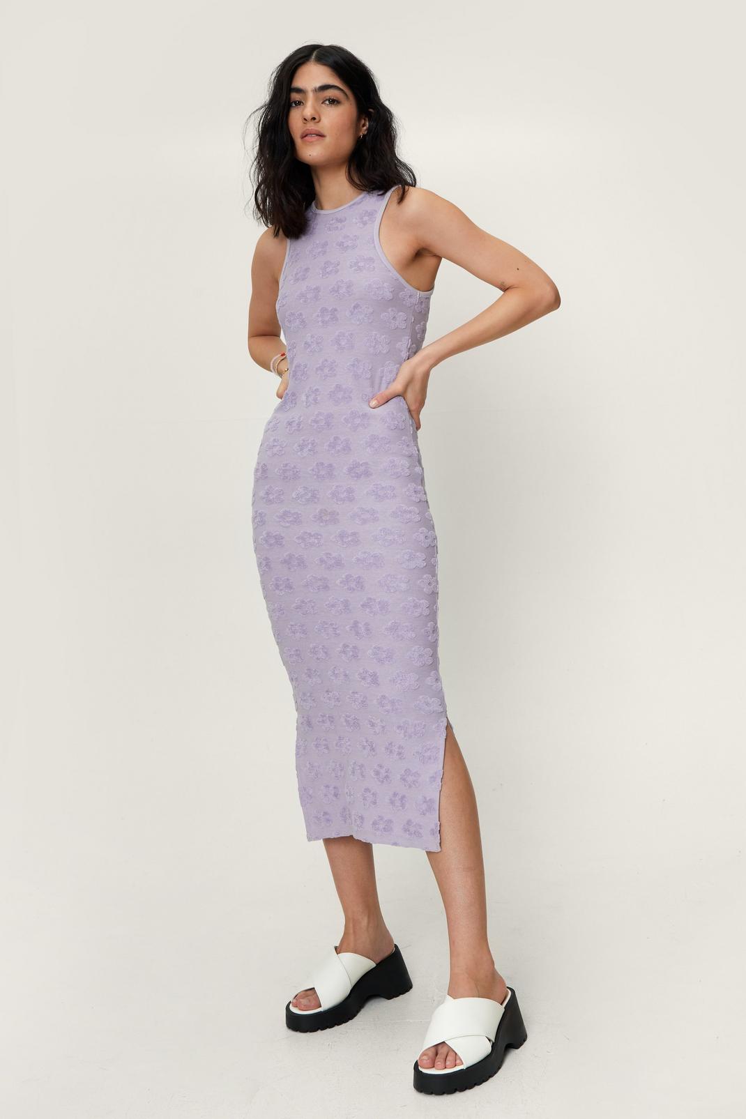 Lilac Floral Embossed Towelling Crew Neck Midi Dress image number 1