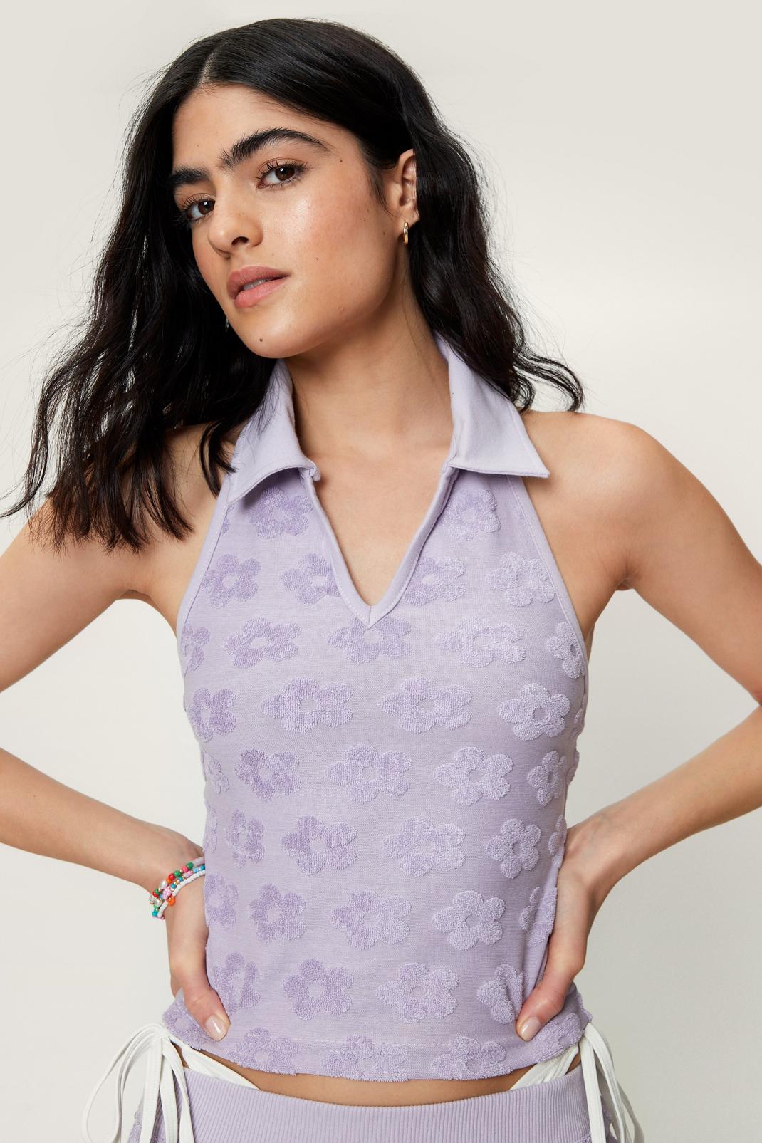 Lilac Floral Embossed Towelling Collar Racer Top image number 1