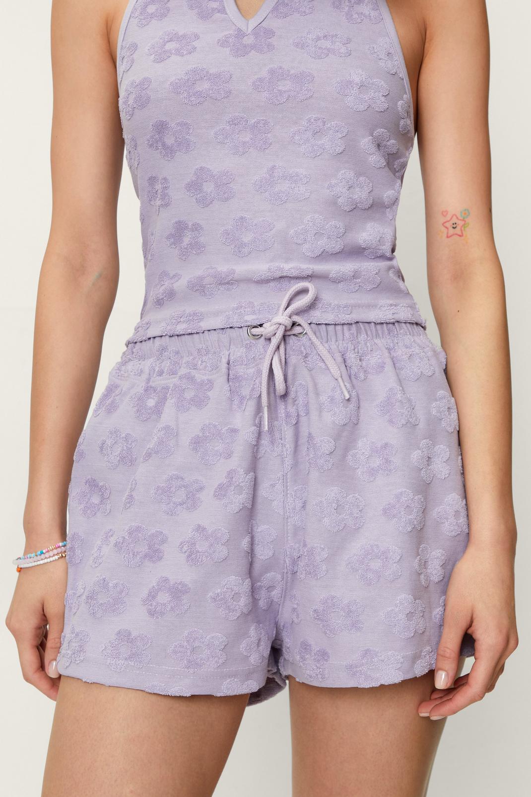 Lilac Flower Embossed High Waisted Towelling Shorts image number 1