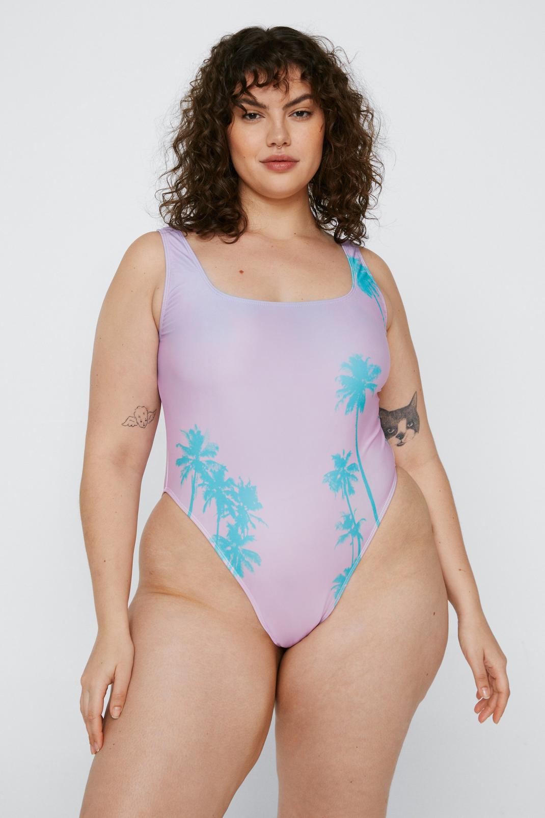 Pink Plus Size Palm Tree Swimsuit image number 1