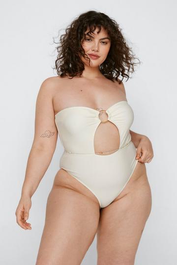 Cream White Plus Size Chain Strap Ring Cut Swimsuit