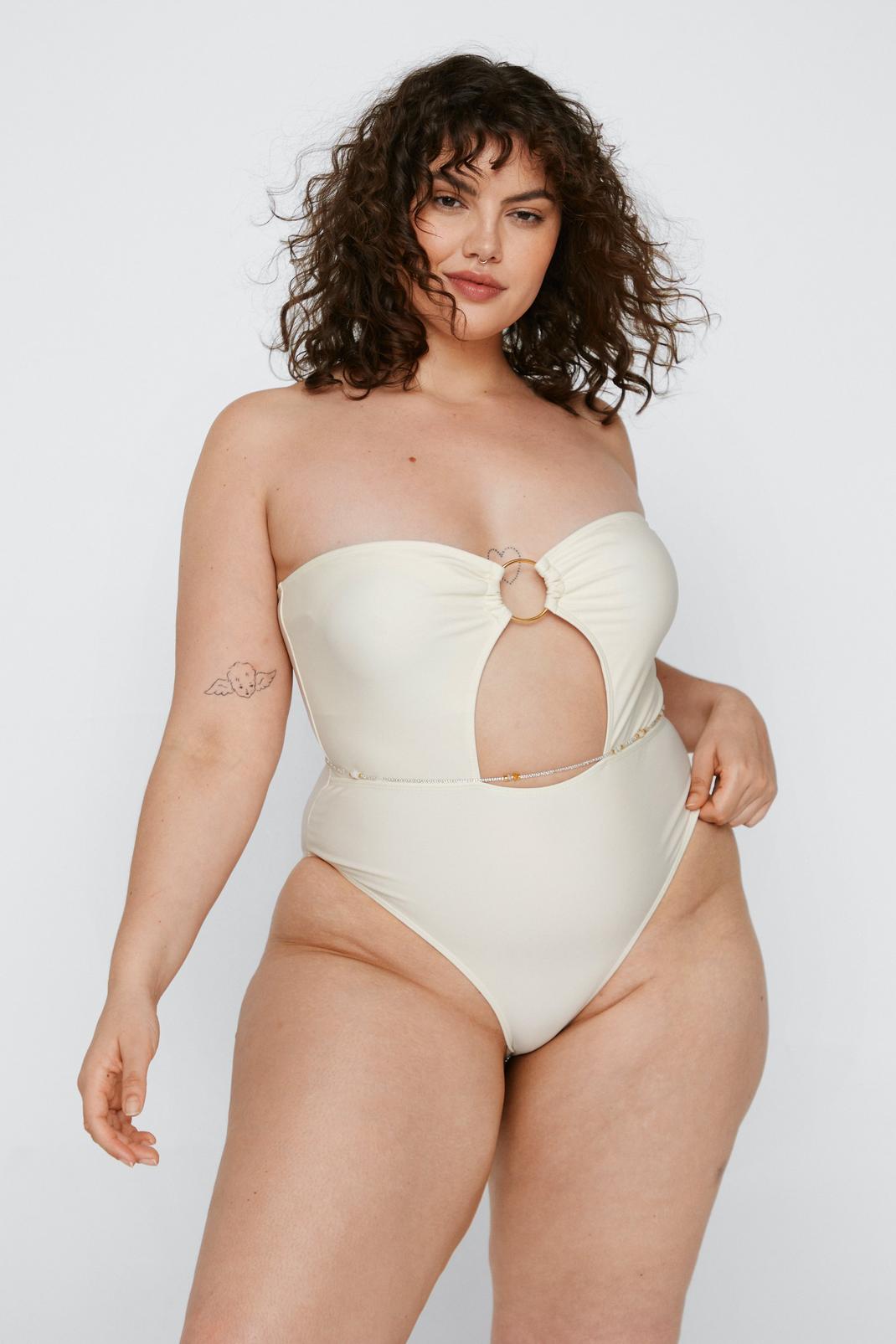 Cream Plus Size Chain Strap Ring Cut Swimsuit  image number 1
