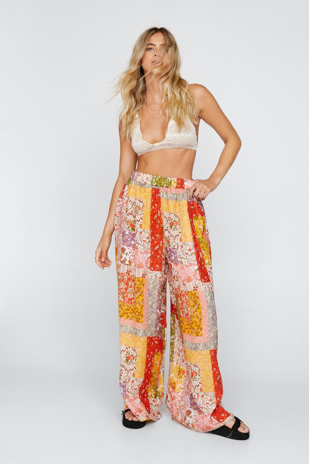 Orange Patchwork Wide Leg Trousers image number 1