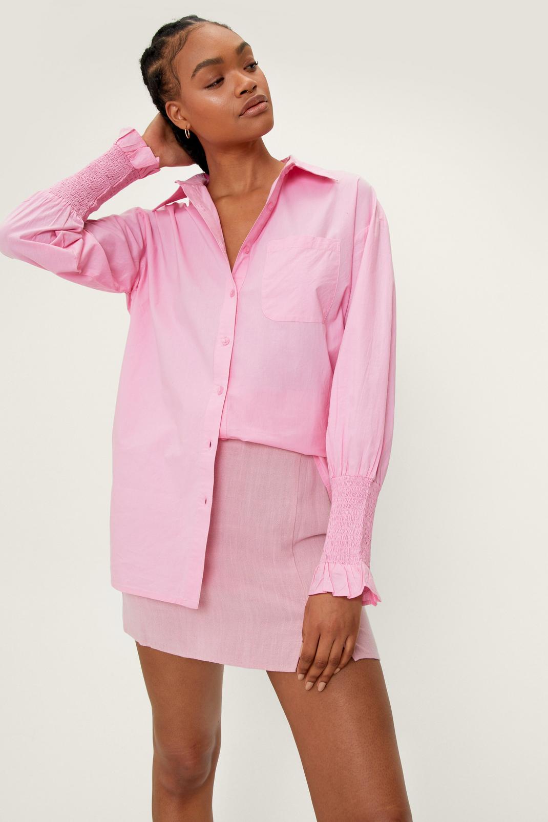 Hot pink Oversized Shirred Cuff Poplin Shirt image number 1