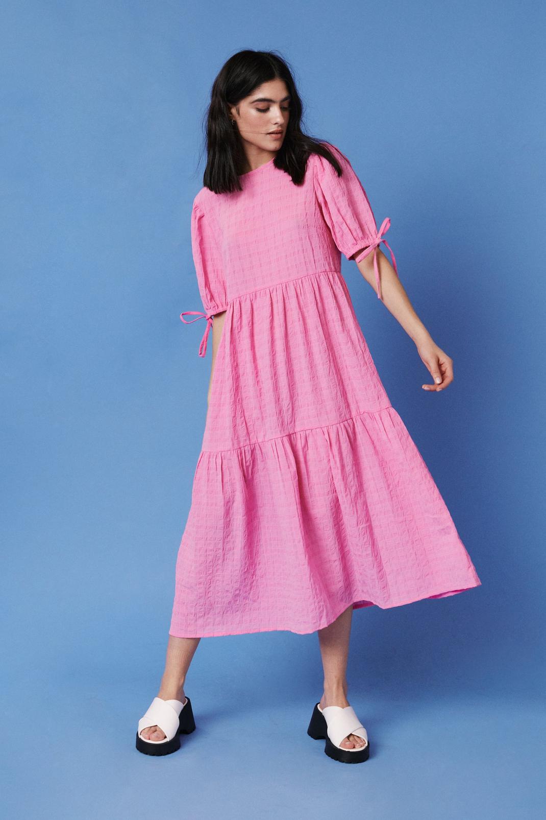 Hot pink Checked Tiered Smock Midi Dress image number 1