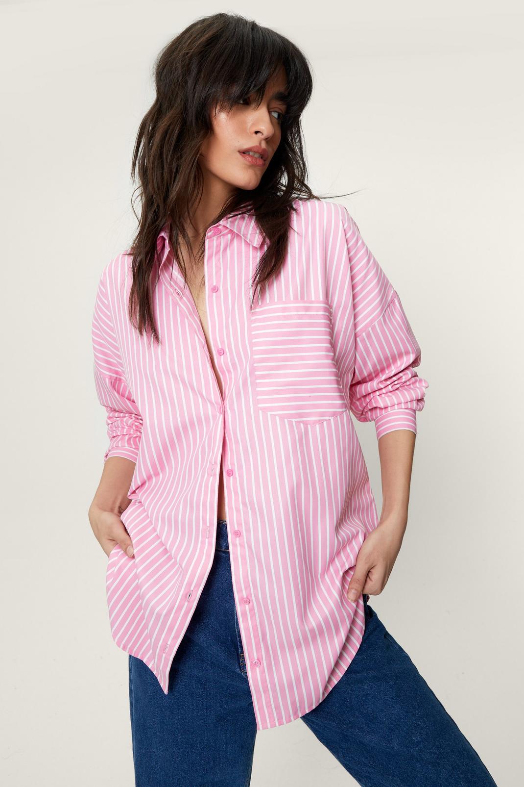Baby pink Oversized Poplin Stripe Long Sleeve Shirt image number 1