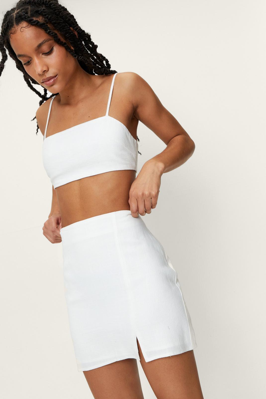 White Petite Split Hem Linen Pelmet Mini Skirt image number 1