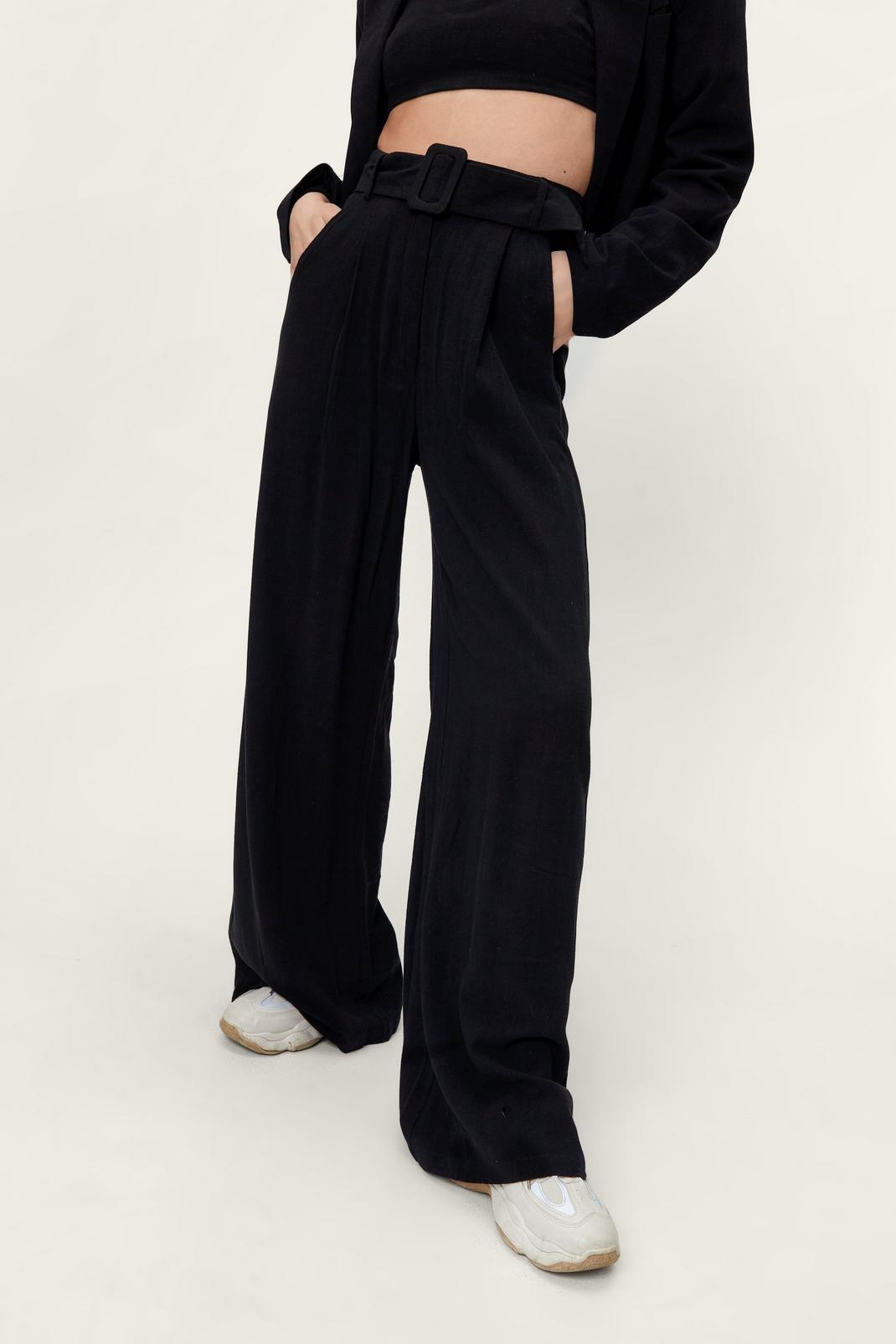 Pantalon large en lin avec ceinture ajustée, Black image number 1