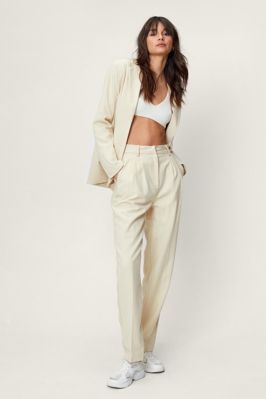 Ecru Pleat Detail Straight Leg Tailored Trousers image number 1