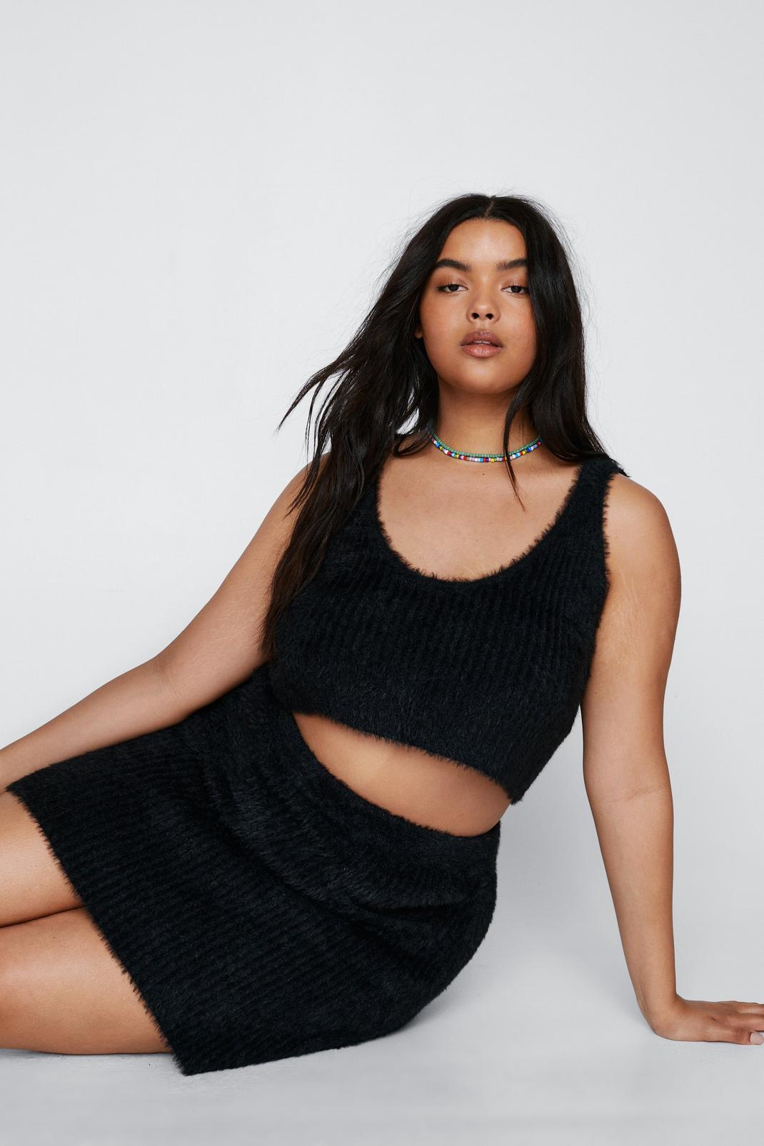 Black Plus Size Cosy Knitted Mini Skirt Co-ord image number 1
