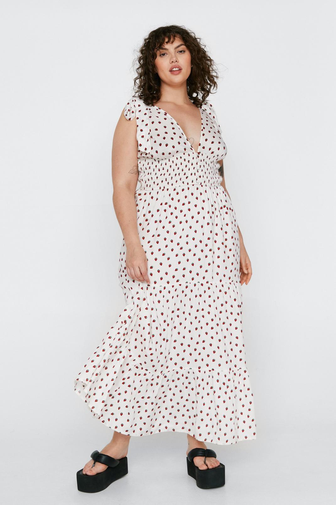 Plus Size Strawberry Print Shirred Maxi Dress image number 1