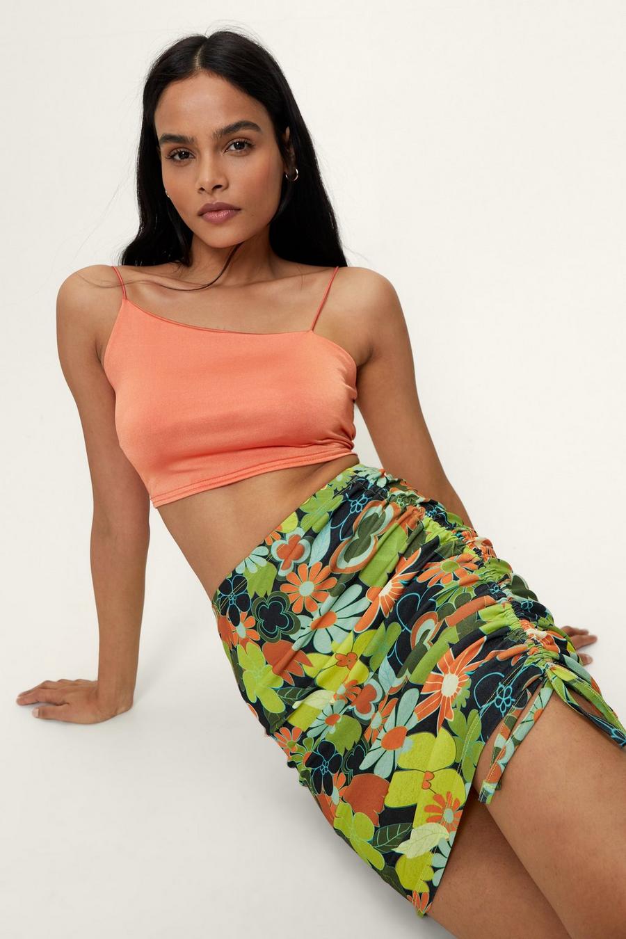 Floral Ruched Side Mini Skirt 