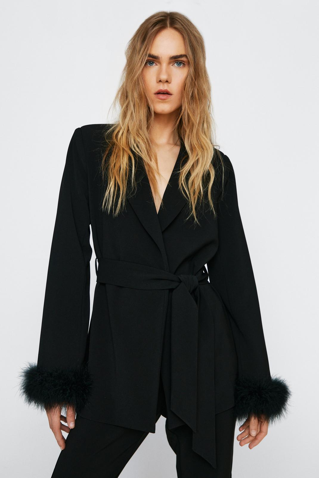 Black Belted Blazer With Feather Cuffs image number 1