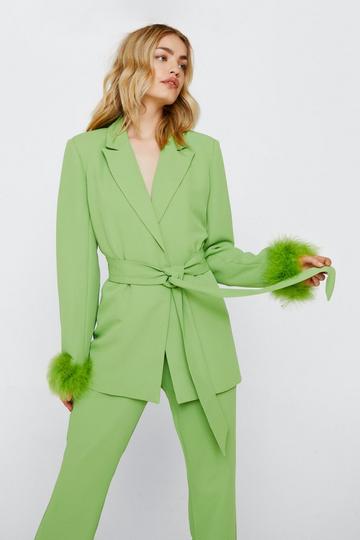 Green Belted Blazer With Feather Cuffs