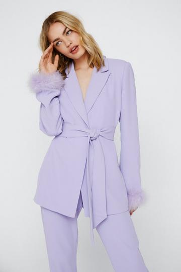 Belted Blazer With Feather Cuffs lilac