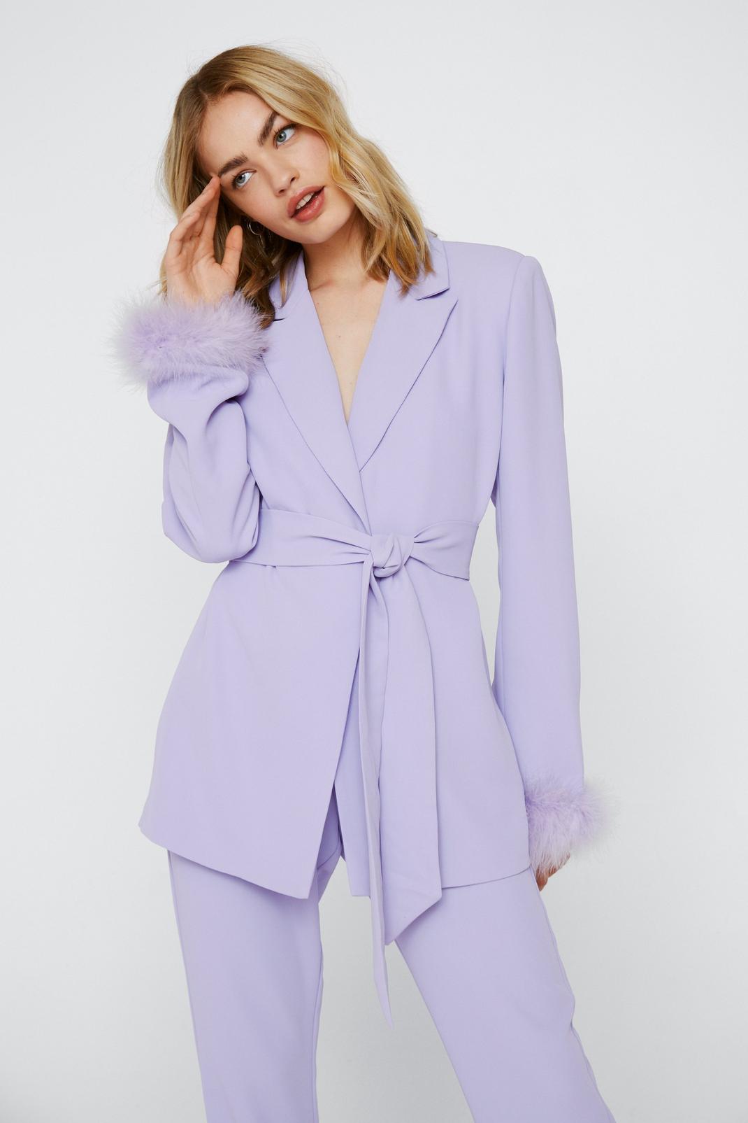 Lilac Belted Blazer With Feather Cuffs image number 1