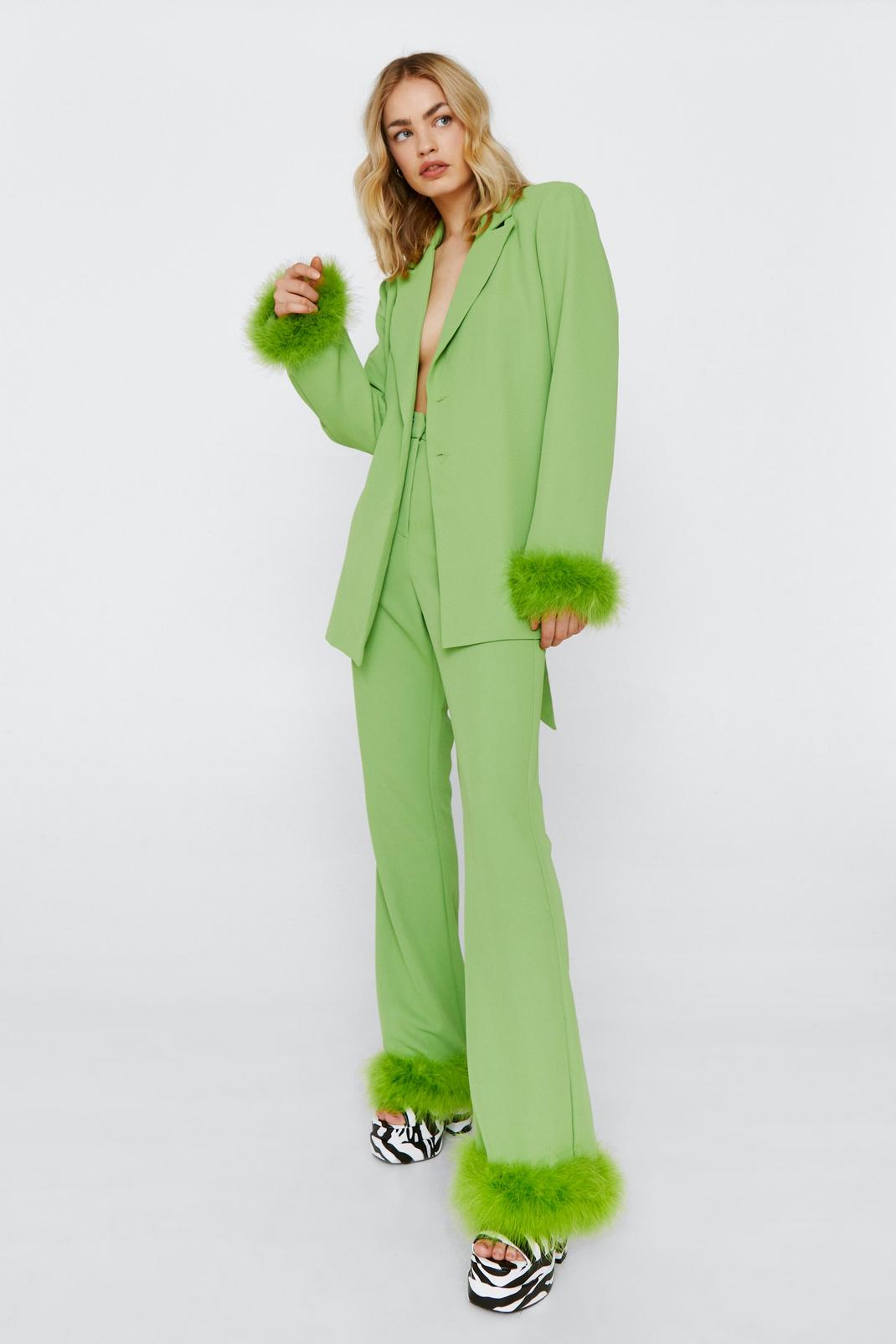 Green Flared Trousers With Feather Trims image number 1
