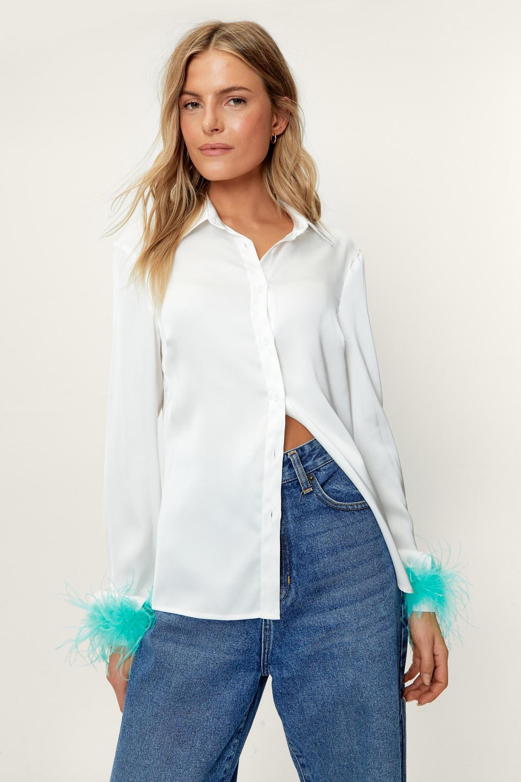 Mint Contrast Feather Cuff Satin Shirt image number 1