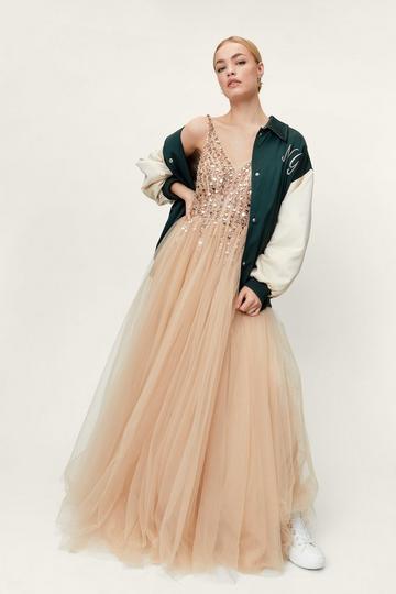 Embellished Sequin Tulle Maxi Prom Dress taupe
