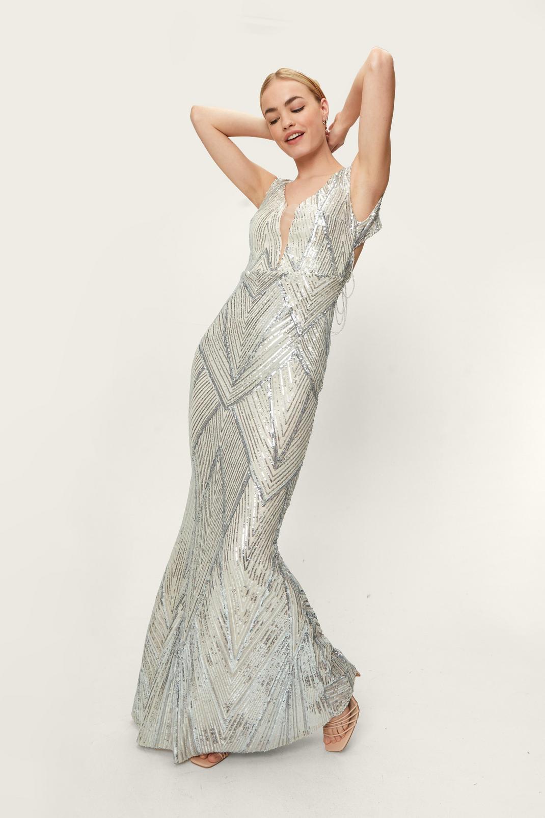 Silver Sequin Embellished Backless Maxi Evening Dress image number 1