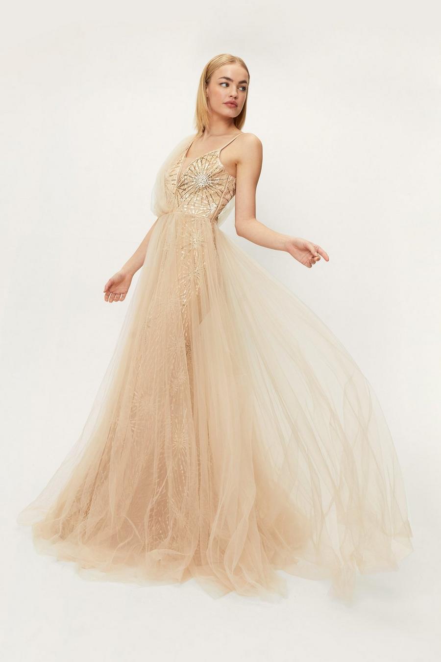 Sequin Embellished Strappy Tulle Maxi Dress