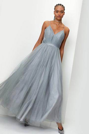 Tulle Strappy Maxi Glitter Prom Dress silver