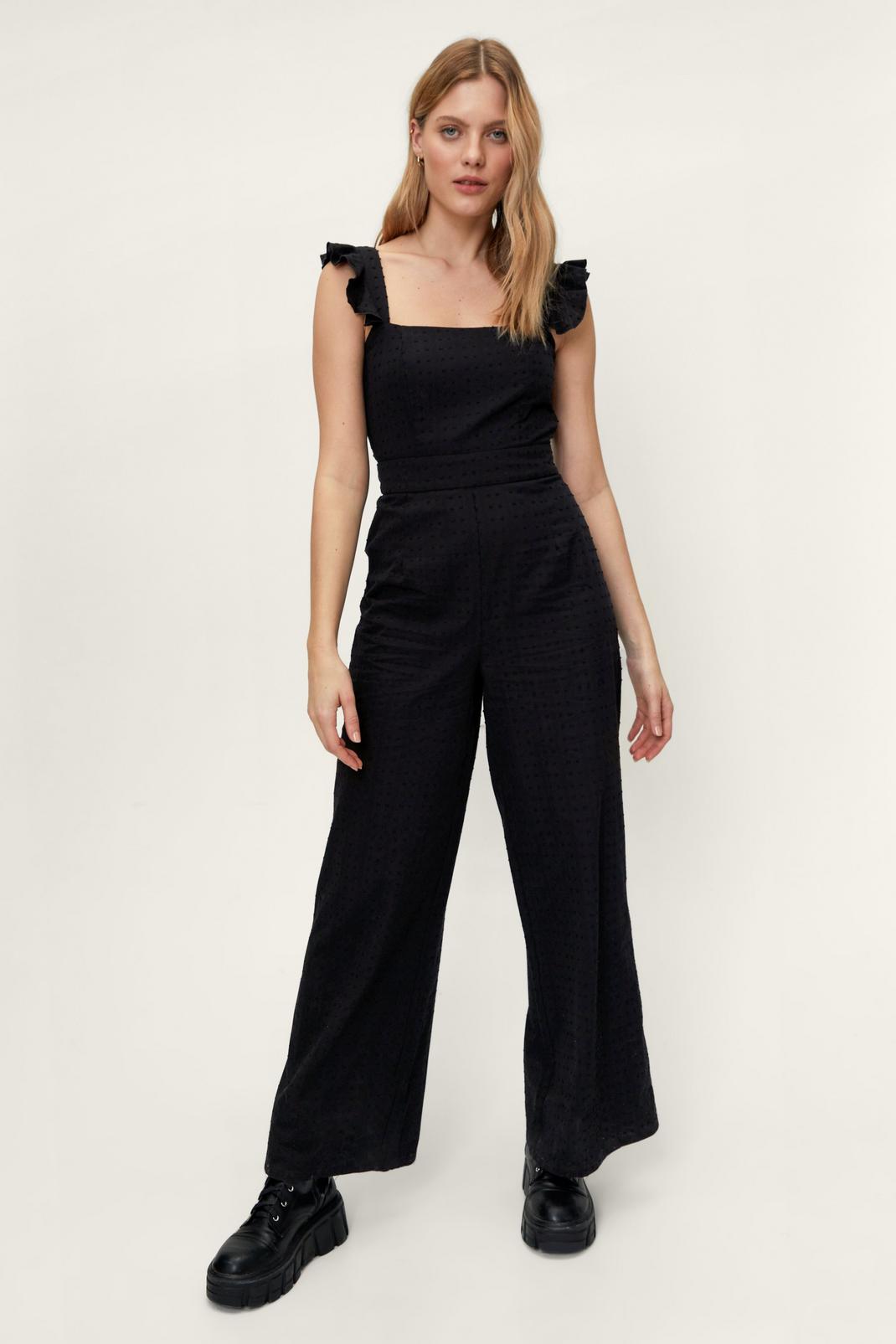 Black Dobby Texture Ruffle Wide Leg Jumpsuit image number 1