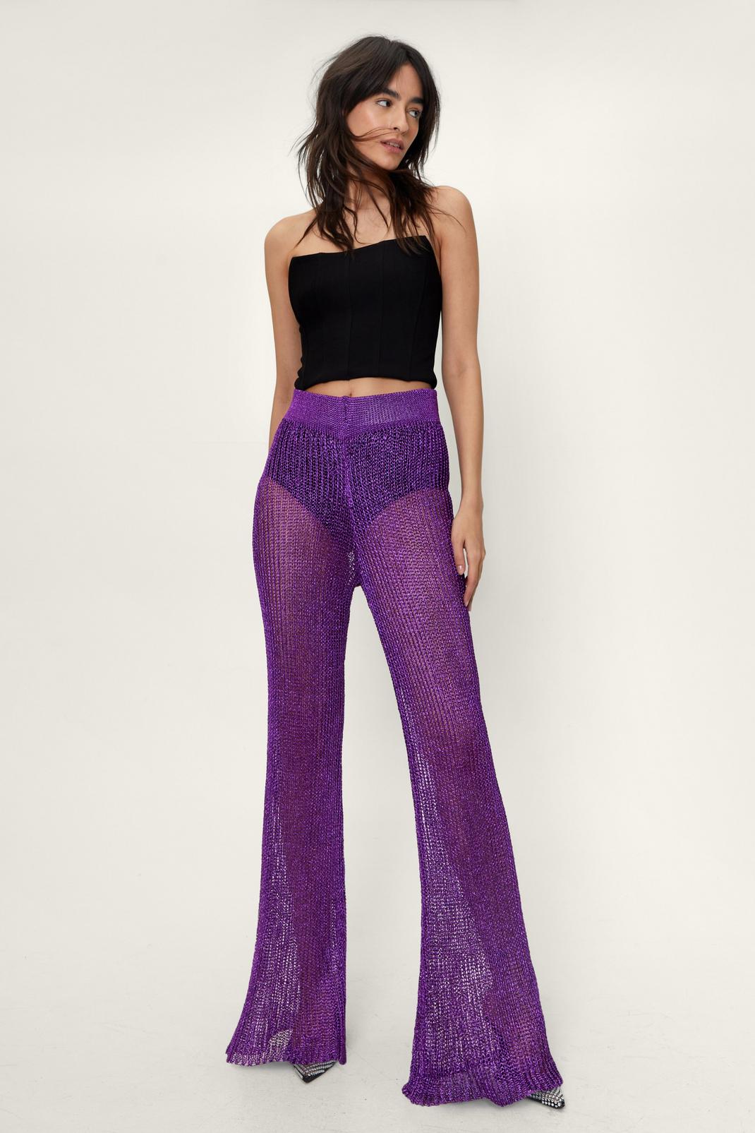 Purple Metallic Yarn Knitted Flared Trousers image number 1