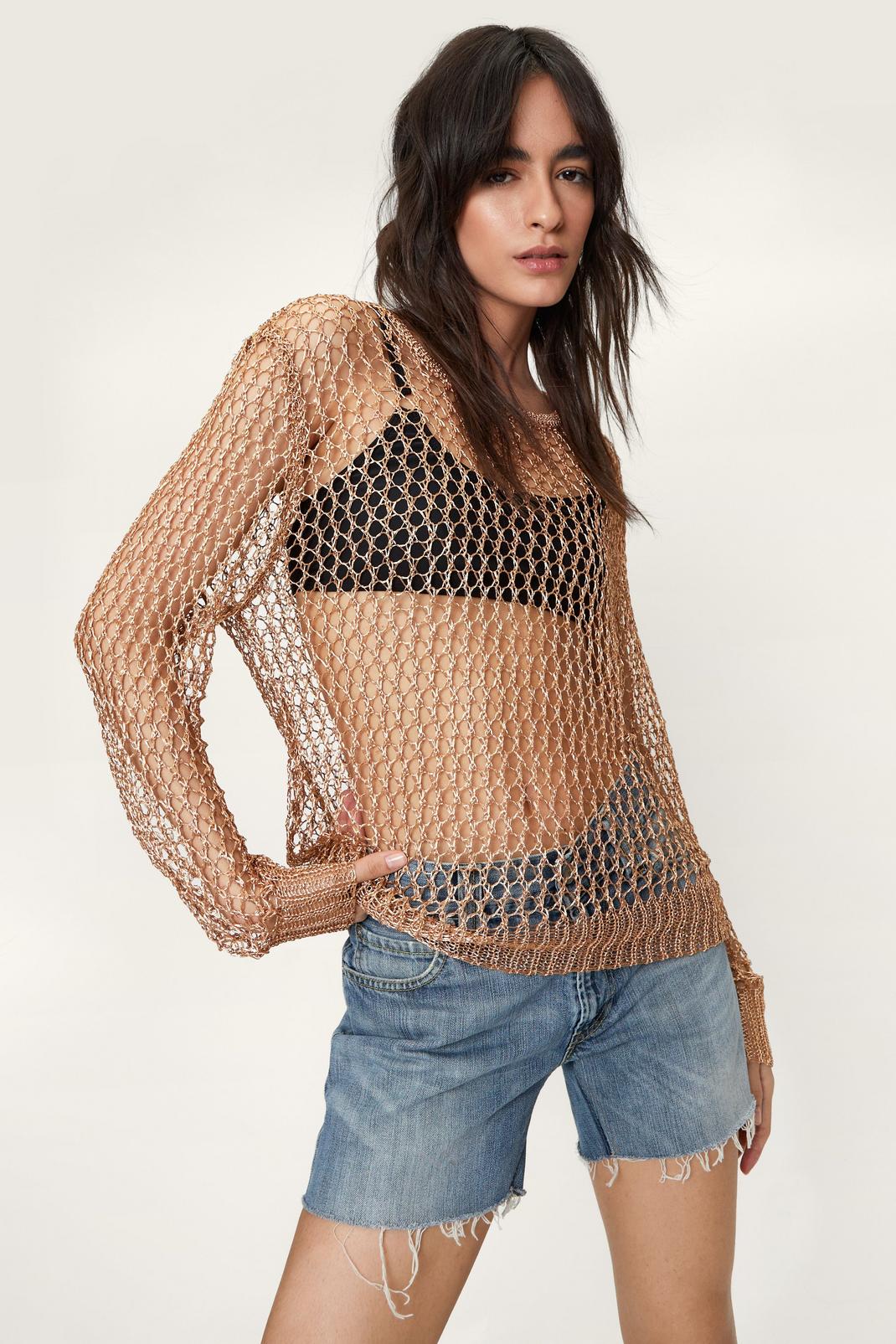 Gold Metallic Yarn Knitted Loose Fit Jumper image number 1