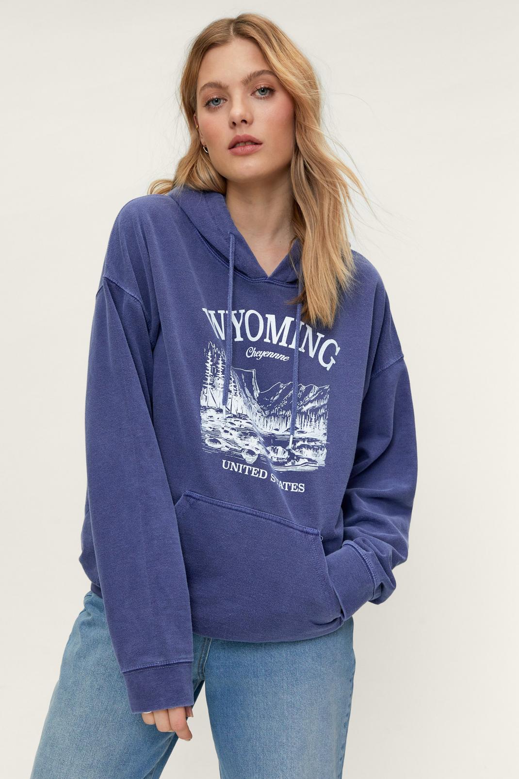 Blue Wyoming Overdyed Oversized Graphic Hoodie image number 1
