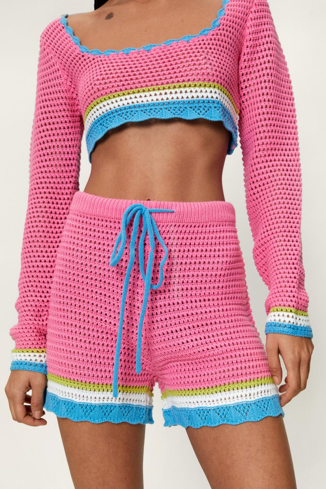 Pink Stitch Detail Striped Shorts image number 1