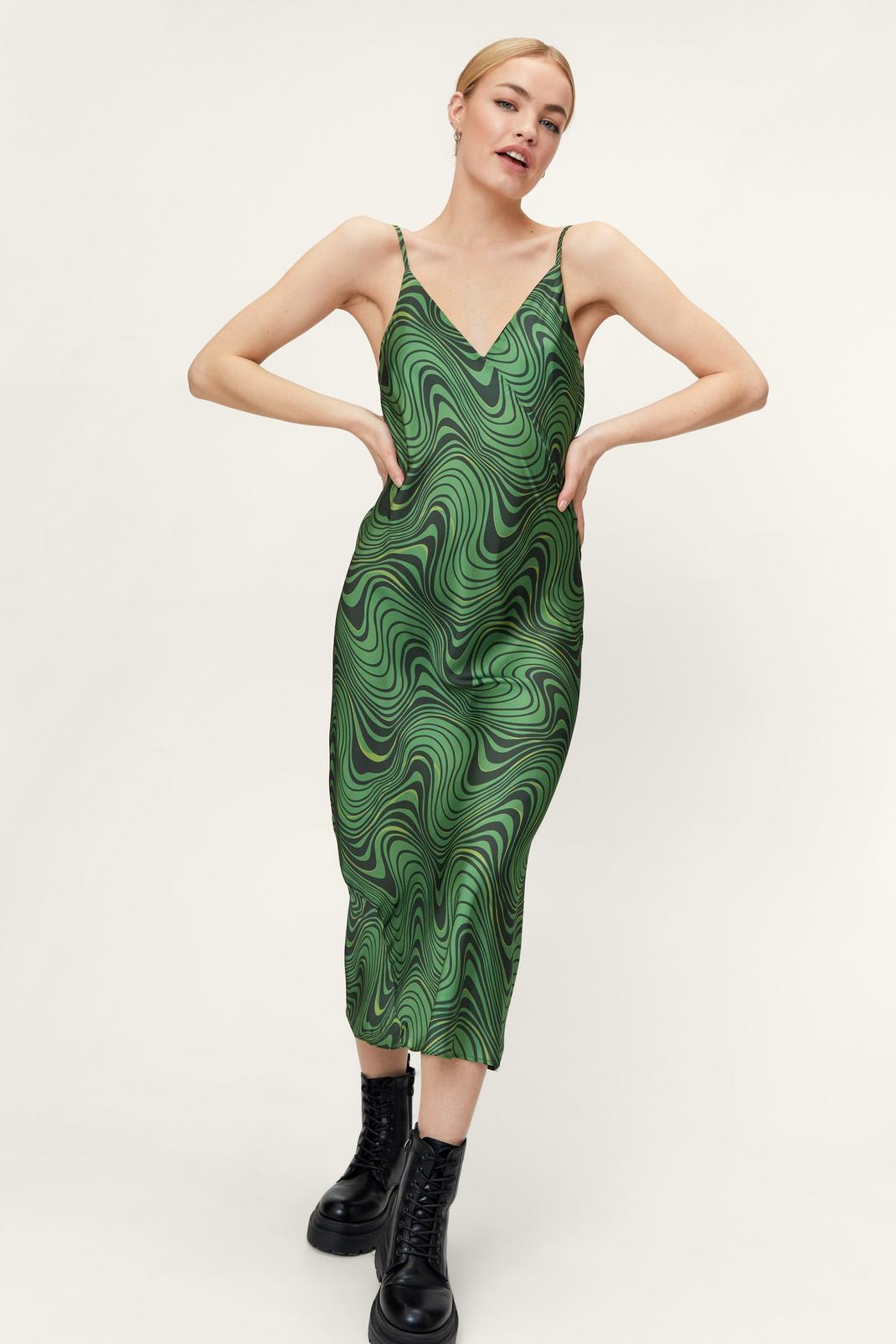 Green Marble Swirl Print Strappy Slip Midi Dress image number 1