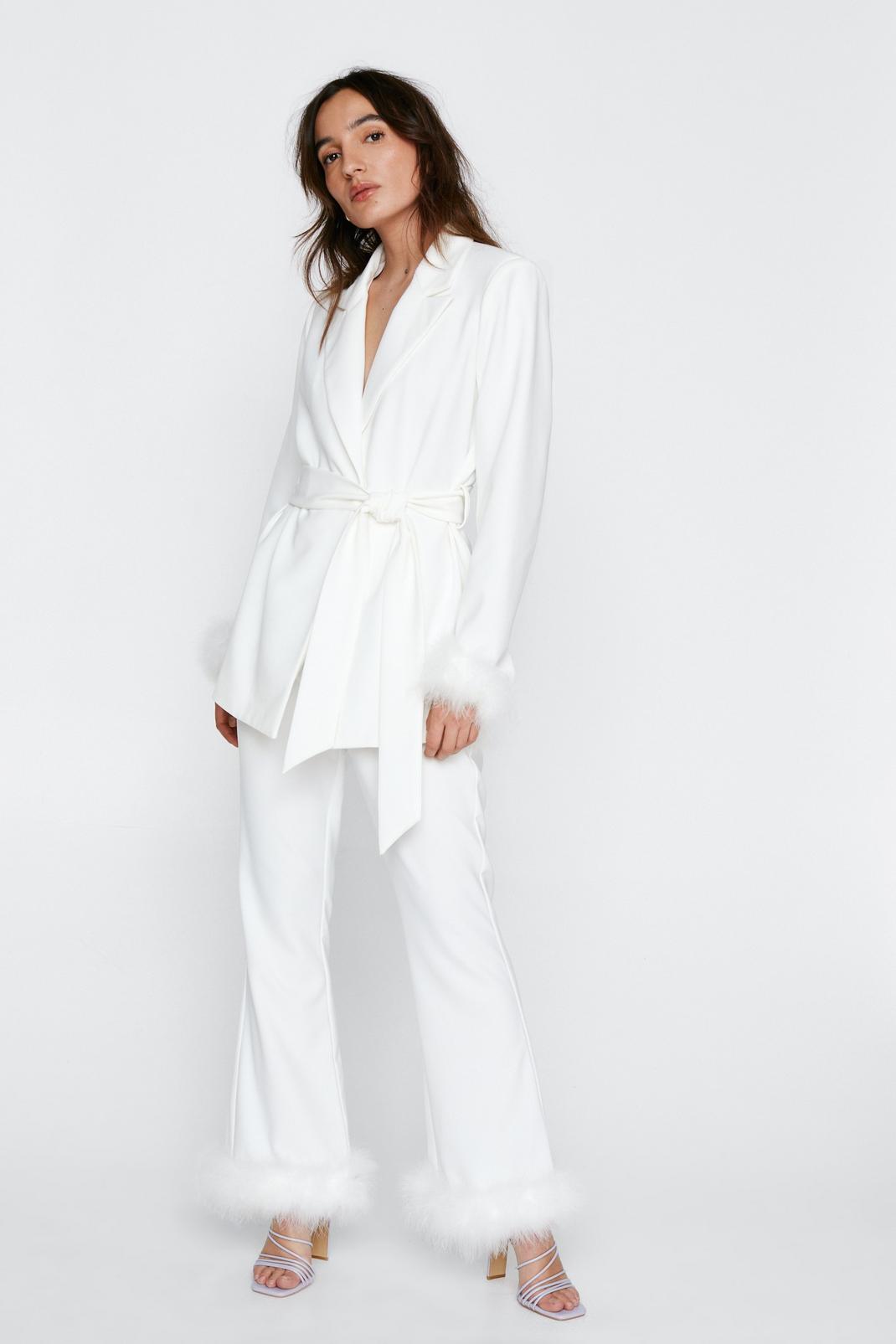 White Petite Feather Hem Flared Trousers image number 1
