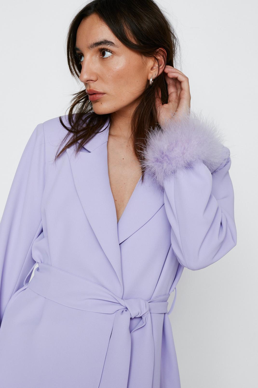 Lilac Petite Belted Blazer With Feather Cuffs image number 1