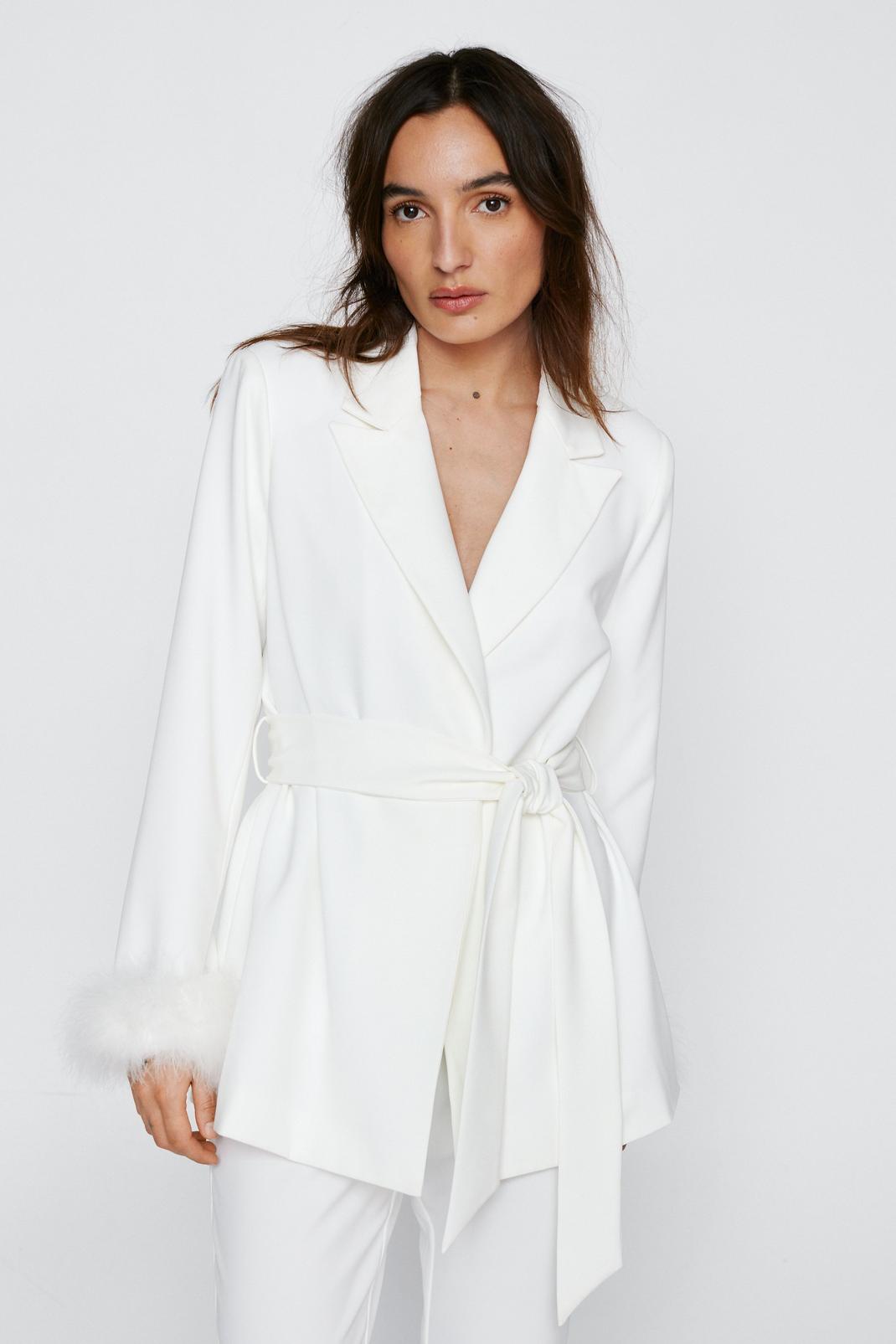 White Petite Belted Blazer With Feather Cuffs image number 1