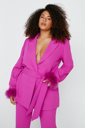 Pink Plus Size Belted Blazer With Feather Cuffs