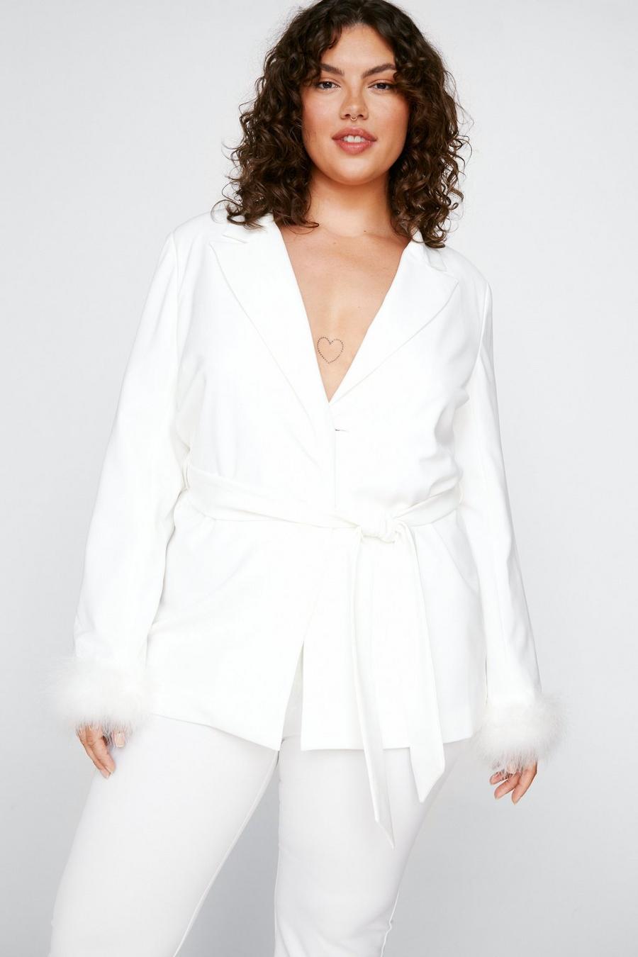Plus Size Belted Blazer With Feather Cuffs