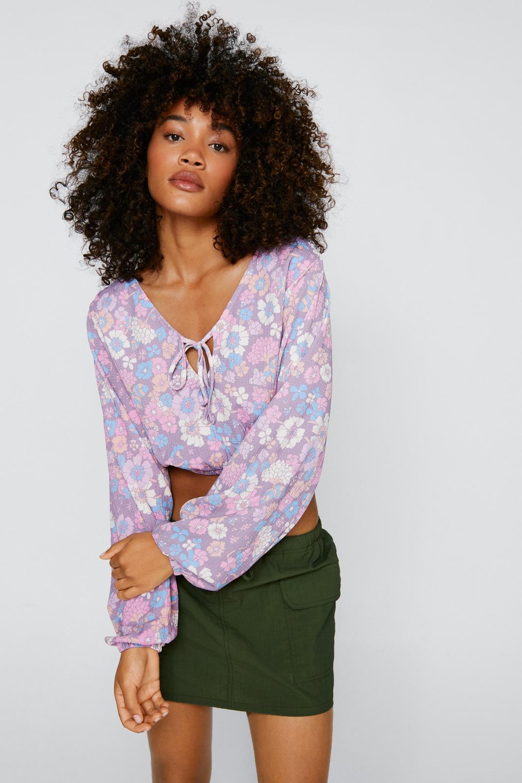 Purple Textured Balloon Sleeve Floral Print Top image number 1