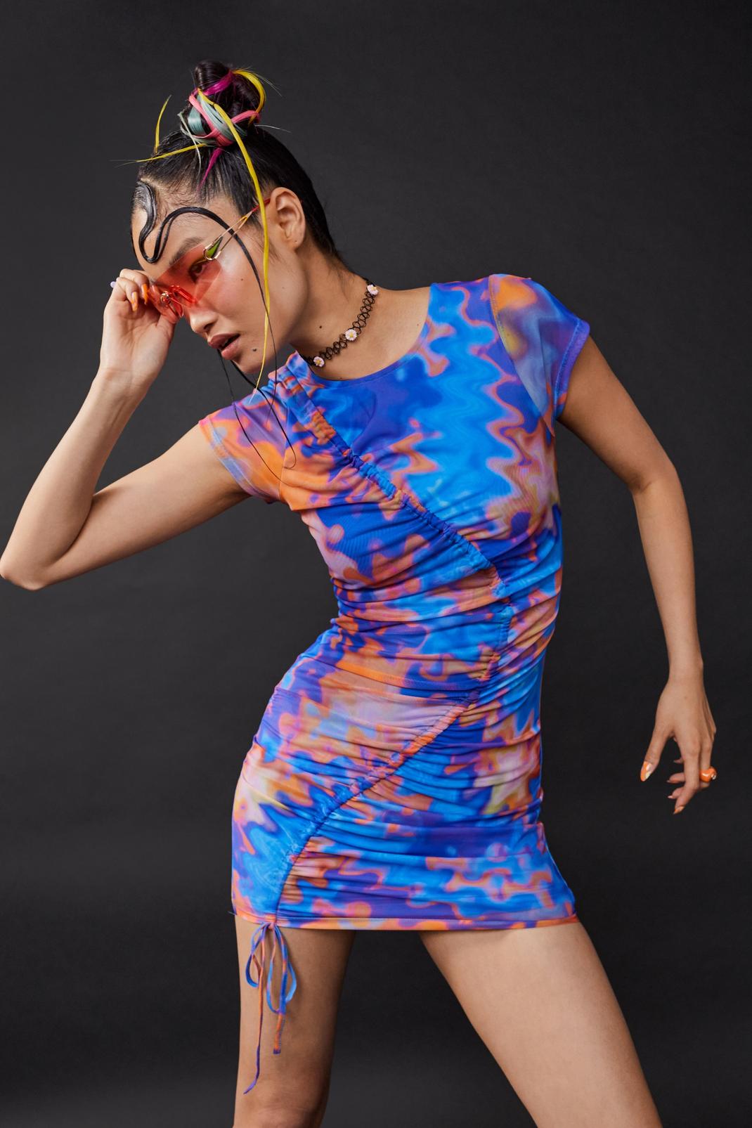 Blue Abstract Print Ruched Mesh Mini Dress image number 1