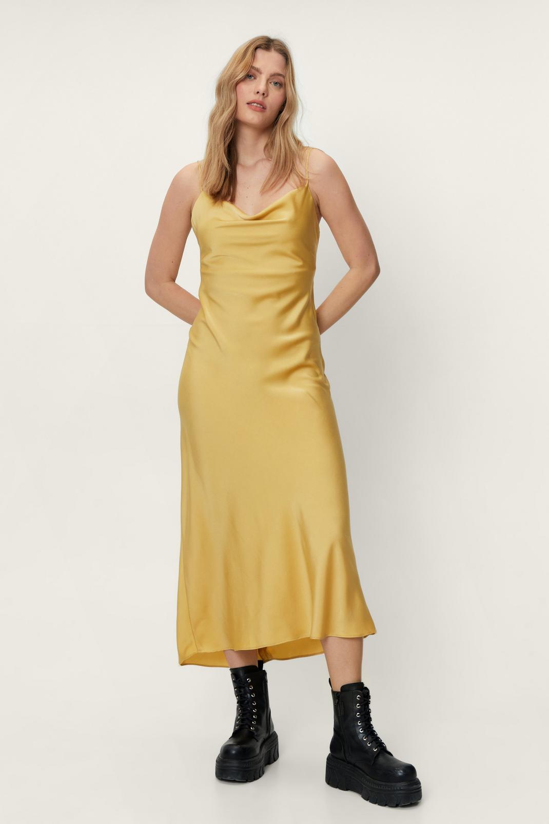 Lemon Button Down Satin Slip Maxi Dress image number 1