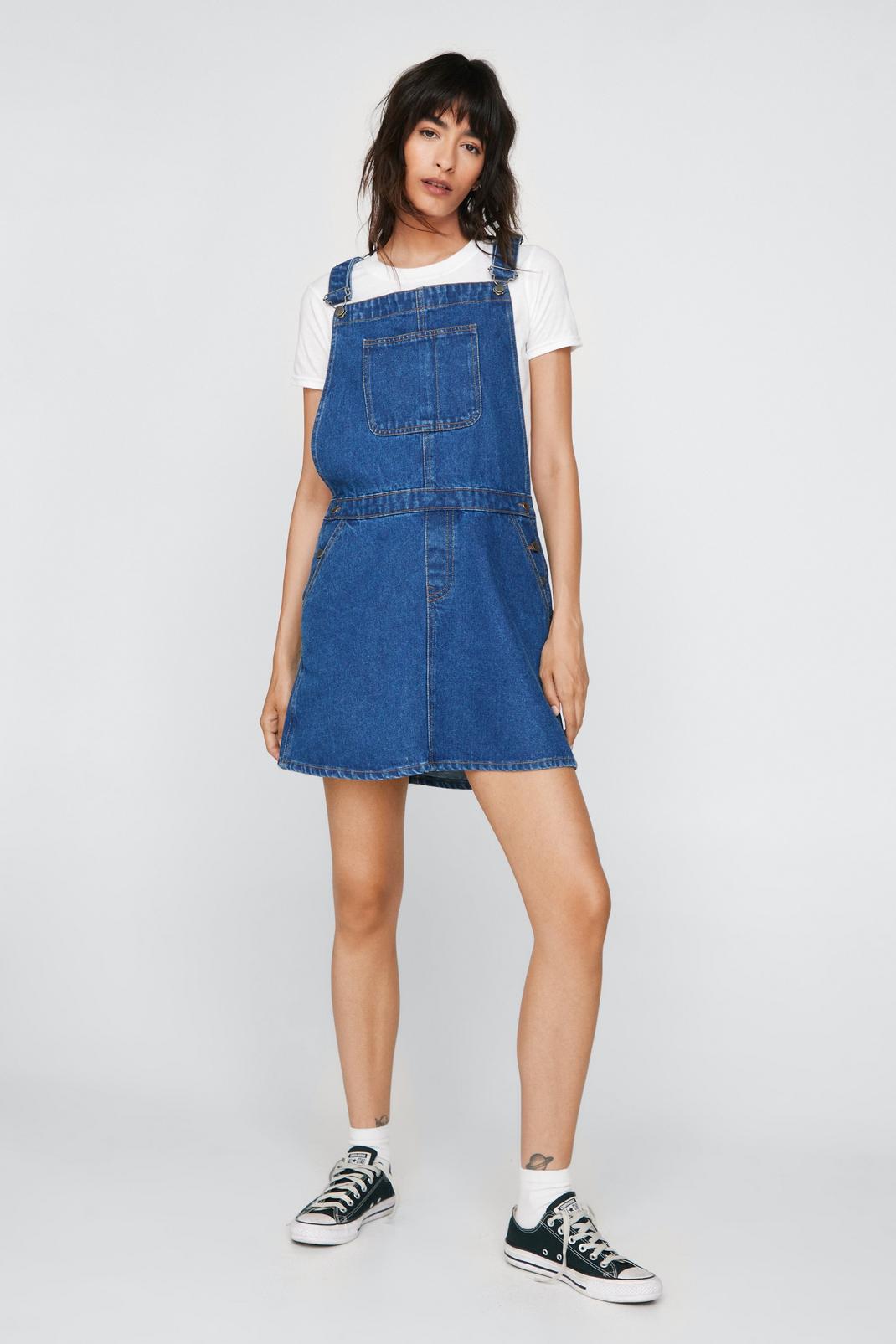 Mid blue Contrast Stitch Detail Denim Overall Dress image number 1