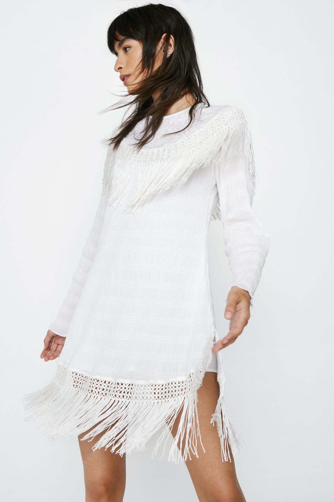 White Lace And Fringe Mini Dress image number 1