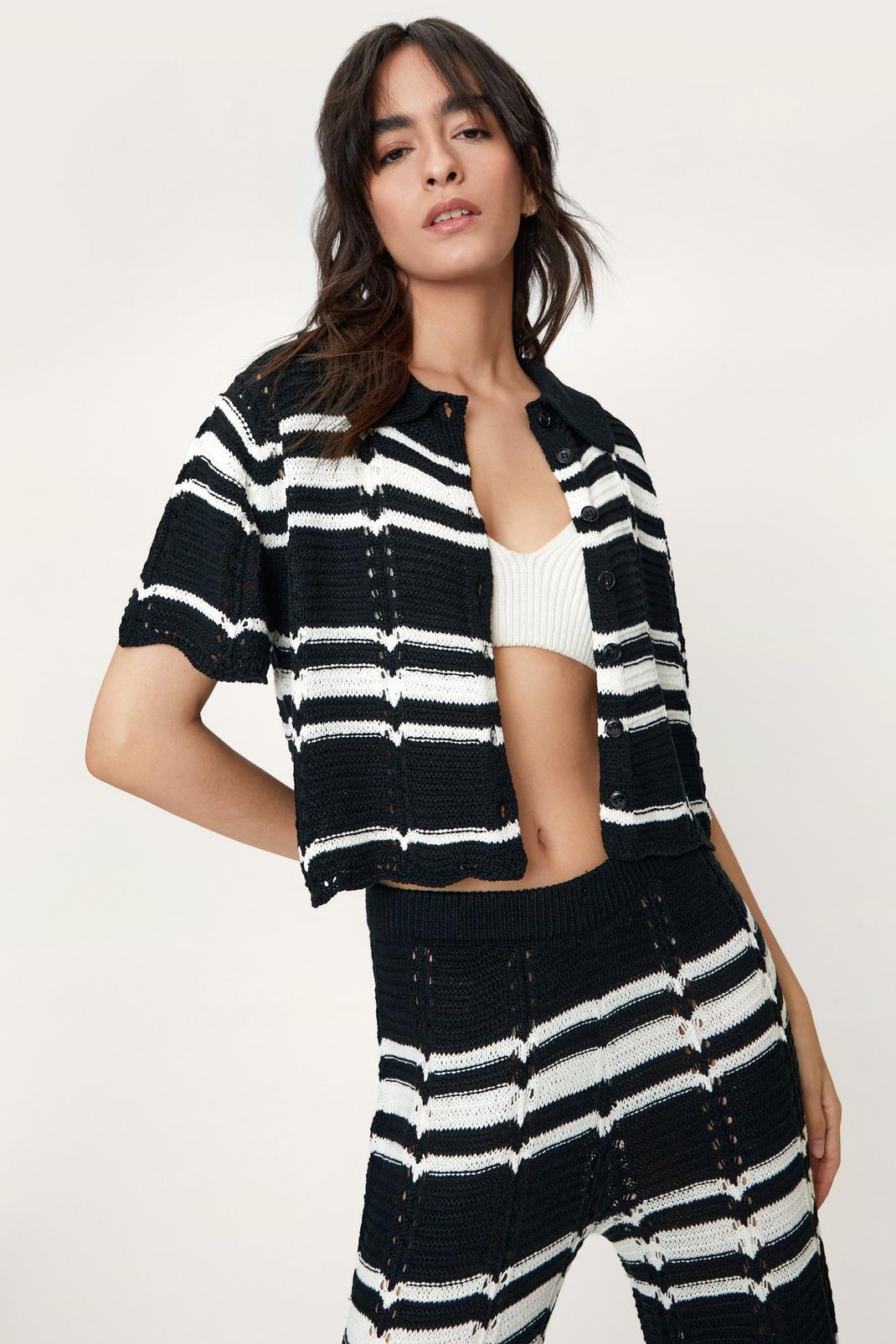 Black Crochet Stripe Collared Shirt image number 1