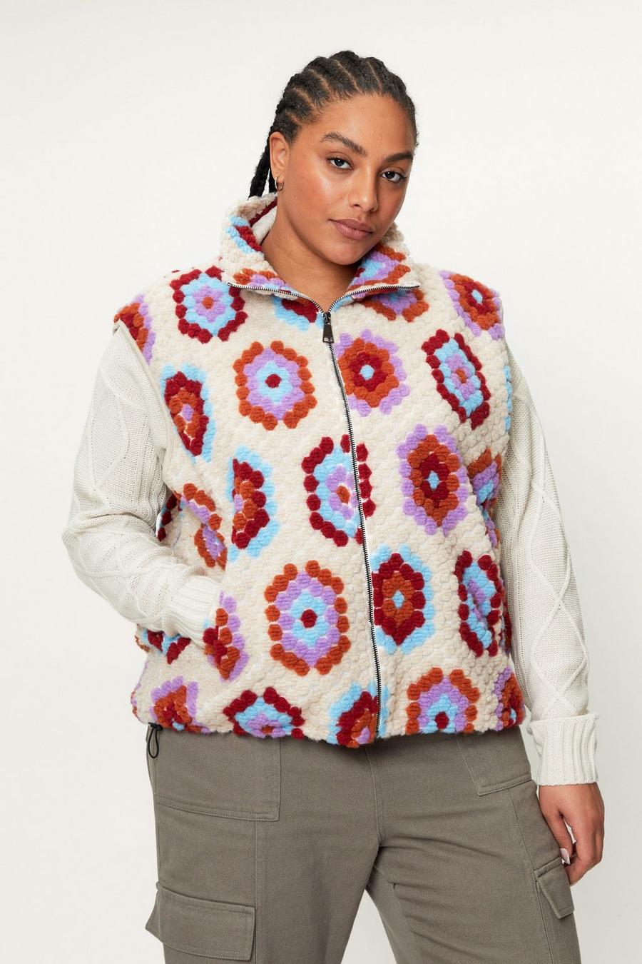 Plus Size Aztec Print Zip Through Fleece Vest