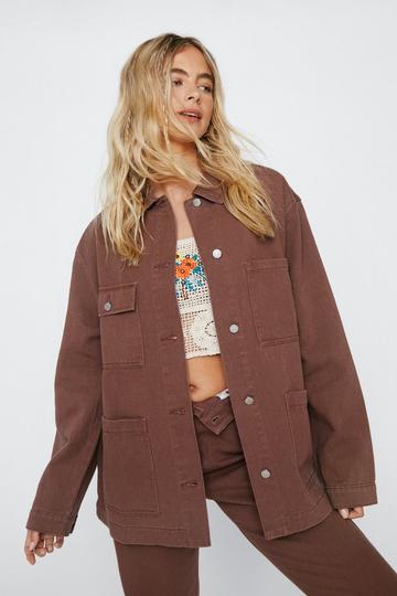 Brown Pocket Front Denim Oversized Jacket