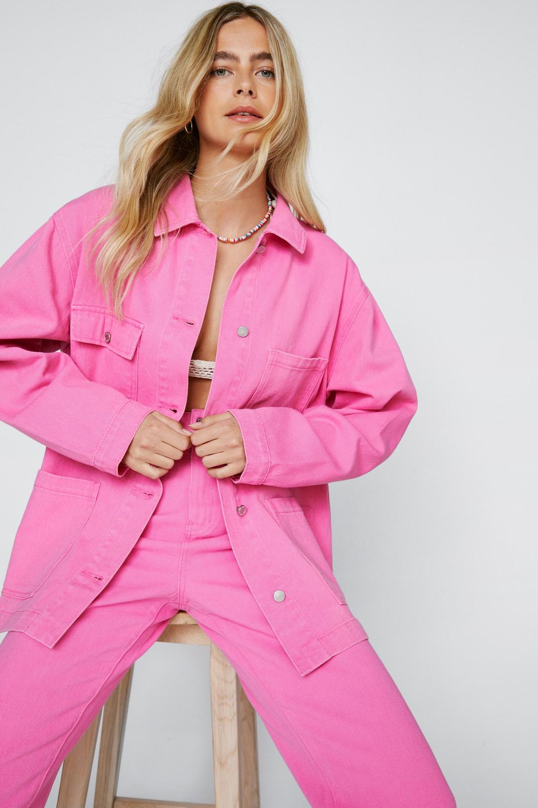 Hot pink Pocket Front Denim Oversized Jacket image number 1