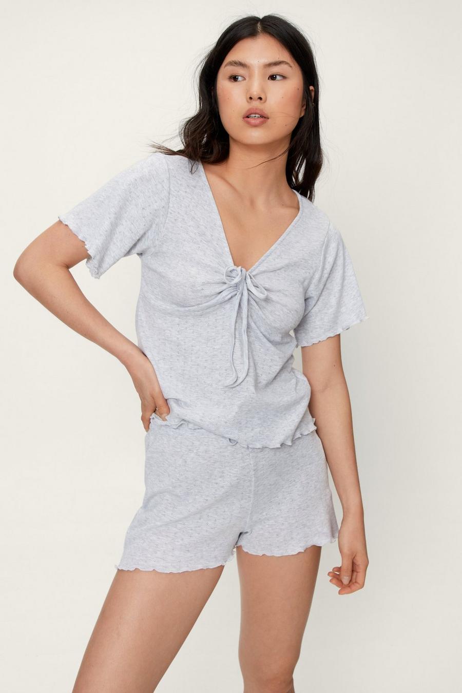 Pointelle Ruffle Hem Pajama Shorts Set 